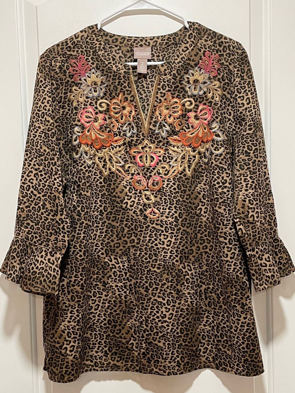 Chico's Boho Chic Mixed Media Leopard Floral Print Tunic Bell Sleeves Sz L Sz 2